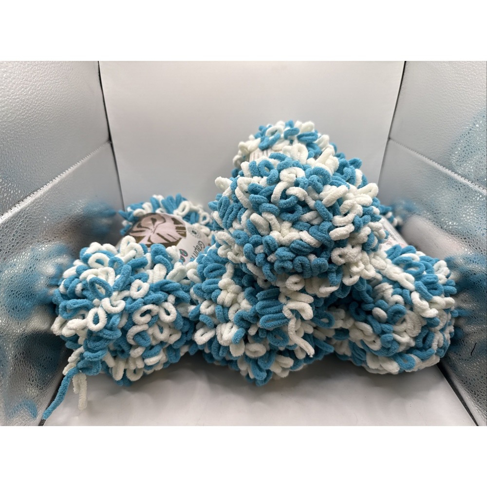 Lot of 4 Bernat Alize Blanket-EZ Loop Graph IT Yarn Cream/Aqua/Blue 6.4oz Each